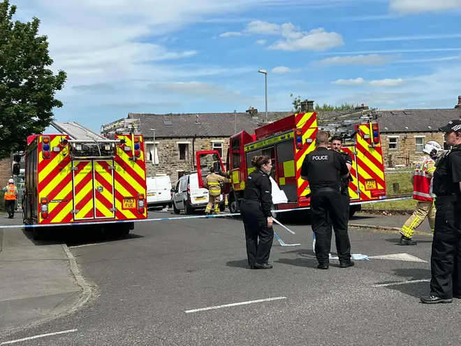 Emergency services at the scene of an explosion in Burnley.