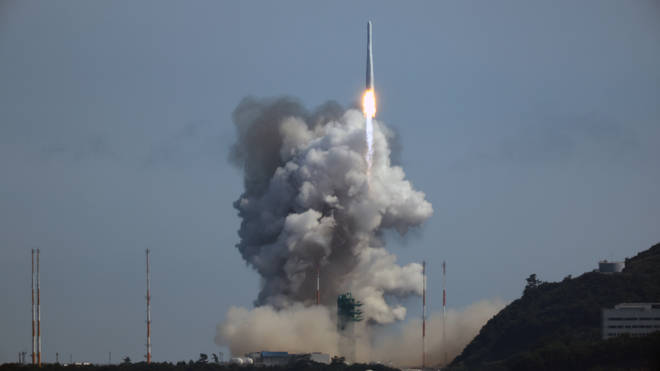The Nuri rocket, the first domestically built space rocket, lifts off from a launch pad at the Naro Space Centre in Goheung, South Korea