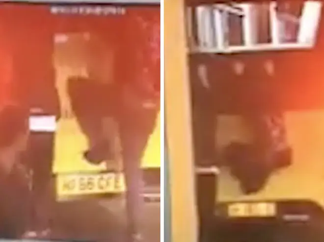 CCTV captured the pair clinging to the back of a moving bus