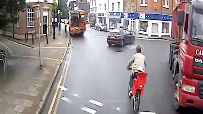 The near-miss was caught on one of the lorry's dash-cams