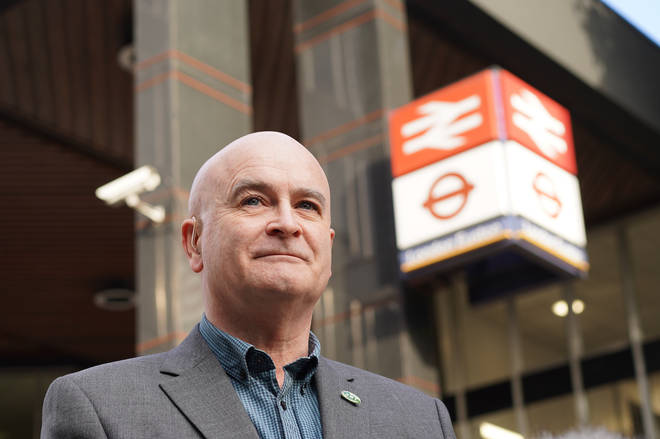 RMT general secretary Mick Lynch on a picket line outside Euston station in London