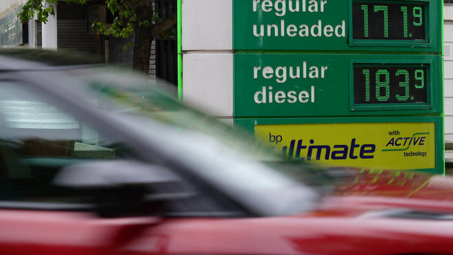 Fuel prices displayed at a petrol station on Vauxhall Bridge Rd in London