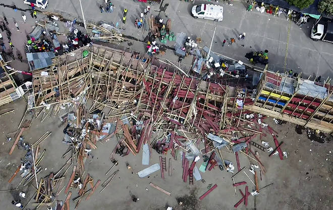 Aerial view of the collapsed grandstand in a bullring in the Colombian municipality of El Espinal.