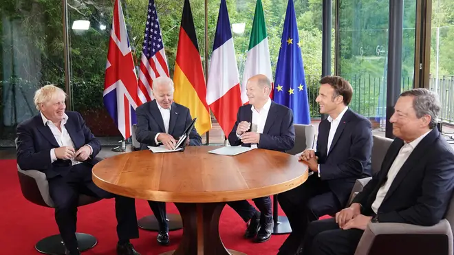 Wallace's call comes as Mr Johnson (pictured meeting G7 leaders) joined other NATO leaders in Madrid for a summit at which they are expected to agree the biggest overhaul of the Western military alliance since the end of the Cold War.