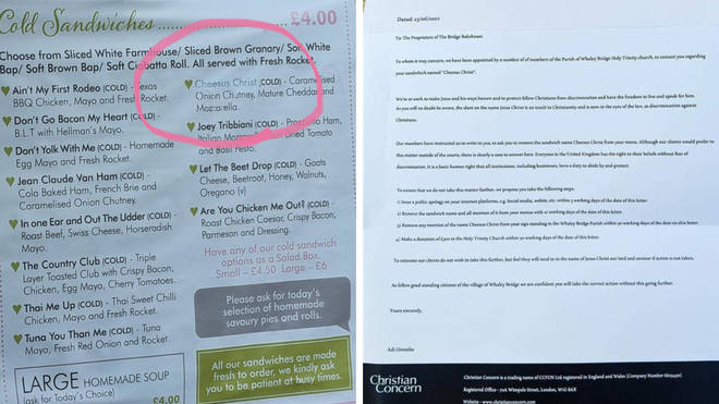 A bakery in the Peak District has been vandalised and threatened with legal action in a fake letter from Christian Concern after it named a sandwich 'Cheesus Christ'.