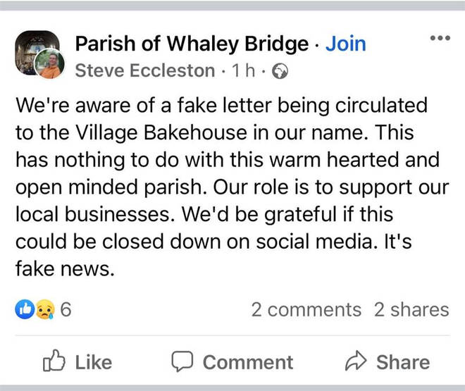 Whaley Bridge Parish earlier today confirmed they were not behind the bizarre letter, writing on Facebook that the letter "has nothing to do with this warm hearted and open minded parish.