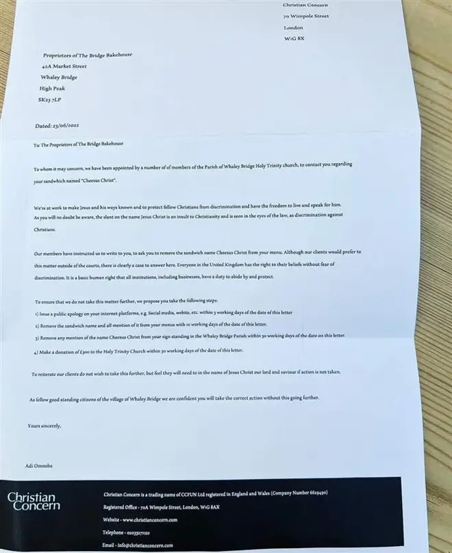 The Bridge Bakehouse in Whaley Bridge was told there was "clearly a case to answer" for "discrimination against Christians" over the sandwich's name in a letter dated 23rd June.