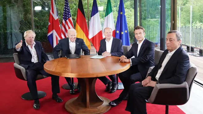 As they sat down for talks, UK Prime Minister Boris Johnson jested that G7 leaders could take their clothes off to "show that we're tougher than Putin" amid tensions over Moscow's military action in Ukraine.  	