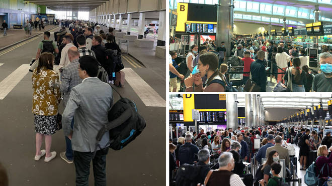 Holidaymakers were met with huge queues at three UK airports yesterday