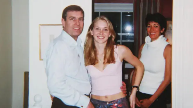 Prince Andrew with Virginia Giuffre (centre) and Ghislaine Maxwell