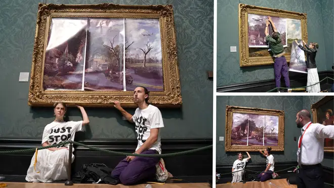 Climate change protesters have attached their own image of "an apocalyptic vision of the future" to the frame of John Constable's masterpiece painting The Hay Wain. 