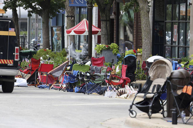 Camp chairs abandoned at Highland Park in Chicago after seven people were killed in a shooting at an Independence Day parade