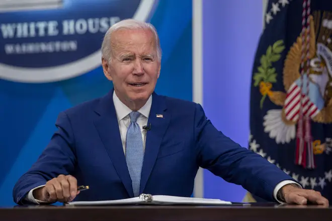 President Biden speaks during an event with Vice President Kamala Harris and National Aeronautics and Space Administration (NASA) officials to preview the first images from the Webb Space Telescope.