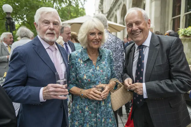 Camilla, Duchess of Cornwall with Derek Jacobi (L) and Gyles Brandreth (R) as the Duchess celebrates her 75th birthday at a lunch, hosted by the Oldie Magazine