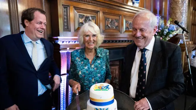 Tom Parker Bowles, Camilla, the Duchess of Cornwall with Gyles Brandreth during The Oldie Luncheon, in celebration of her 75th Birthday.