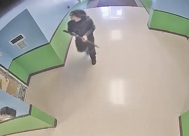 The leaked CCTV shows the gunman entering the school