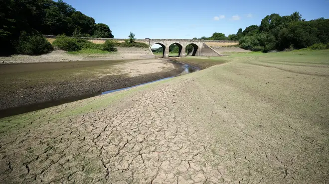 Low water levels at Lindley Wood Reservoir in West Yorkshire