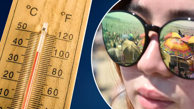 Thermometer and girl wearing sunglasses on beach