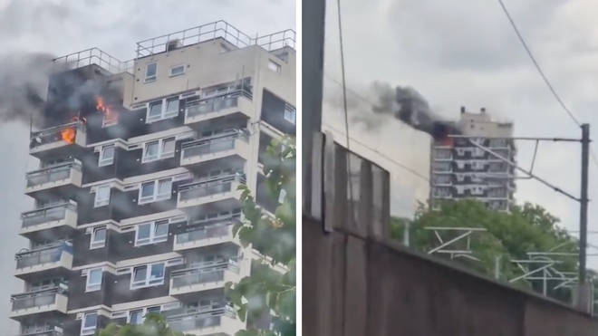 A fire has broken out at the top of a block of flats in North Woolwich.