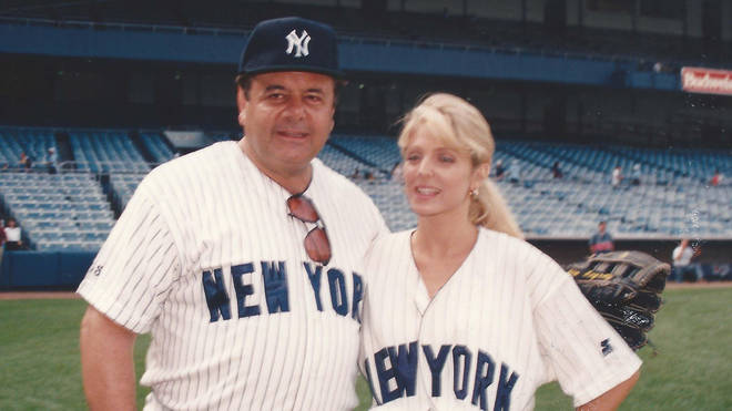 Paul Sorvino poses in baseball kit with Marla Maples in 1992