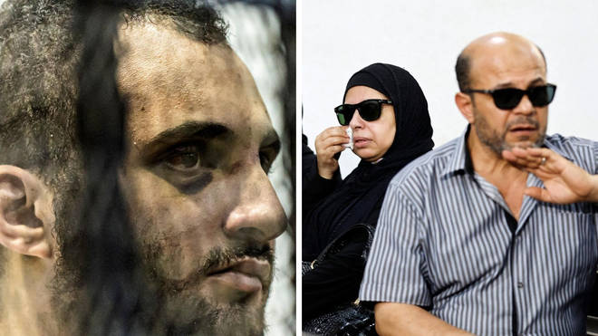 Mohamed Adel (left) faces execution for killing university of Mansoura student Naira Ashraf, whose family are pictured.