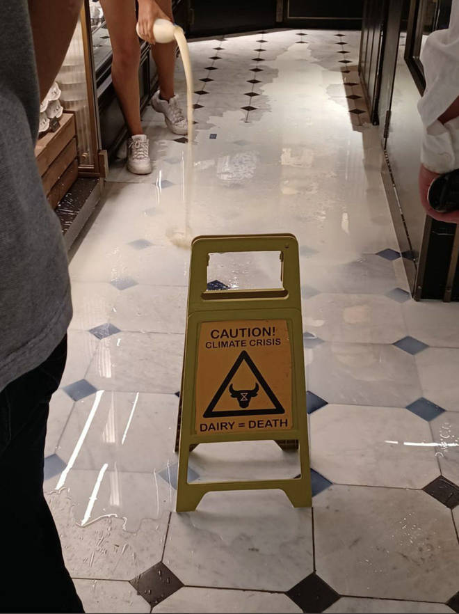Vegan activists poured milk on the floor in Harrods in a protest over the dairy industry on Wednesday
