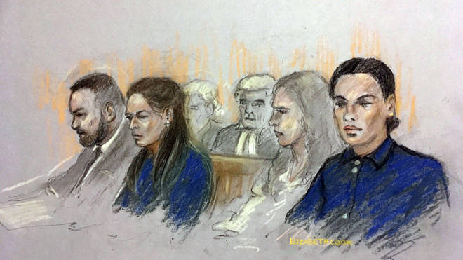 Court artist sketch of Coleen and Wayne Rooney and Rebekah Vardy during the trial