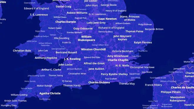 The map reveals where notable people from all walks of life were born