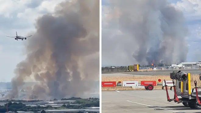 A six-hectare grass fire is burning near Heathrow Airport