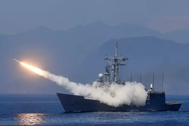 A missile is fired from ROCS Chi Kuang as part of Taiwan's main annual "Han Kuang" exercises on July 26