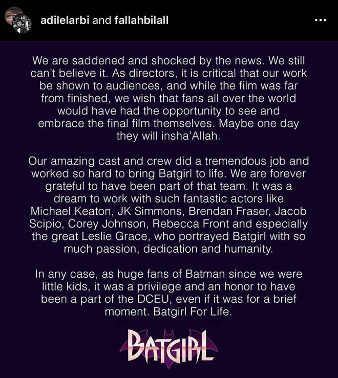 Statement by Batgirl directors Adil El Arbi and Bilall Fallah