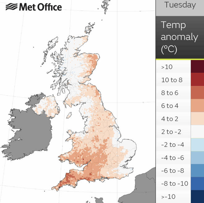 The Met Office showed the difference in temperature to the average
