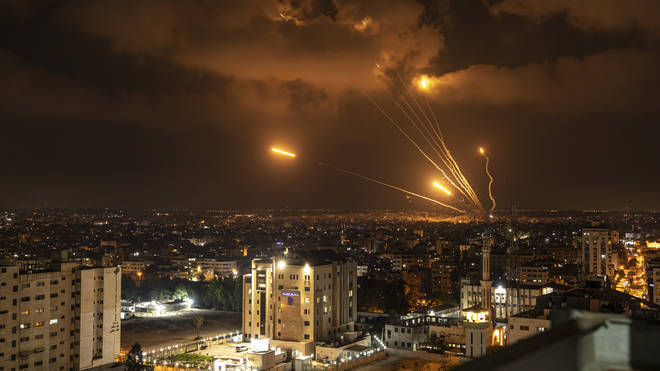 Rockets fired by Palestinian militants towards Israel, in Gaza City