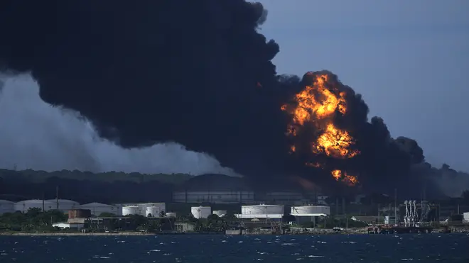 Flames and smoke rise from the Matanzas Supertanker Base