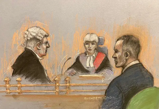 Court artist sketch by Elizabeth Cook of former Manchester United footballer Ryan Giggs at Manchester Minshull Street Crown Court.