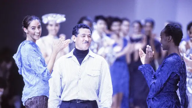 Issey Miyake gets congratulated for his ready to wear Spring-Summer collection in 1992