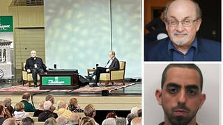 Sir Salman Rushdie, far left and top right, and the suspect Hadi Matar, 24 (bottom right)
