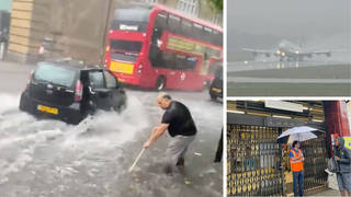 Train and Tube stations were hit with flash flooding on Wednesday while Gatwick was also forced to cancel flights (top right stock photo)