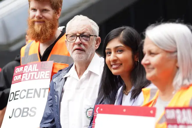 Jeremy Corbyn joined striking rail workers on a picket line at Euston this morning