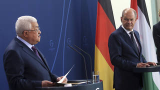 Palestinian president Mahmoud Abbas, left, at a news conference with German chancellor Olaf Scholz in Berlin
