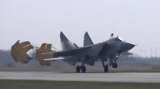 A MiG-31 fighter jet from the Russian air force lands at the Chkalovsk air base in the Kaliningrad region