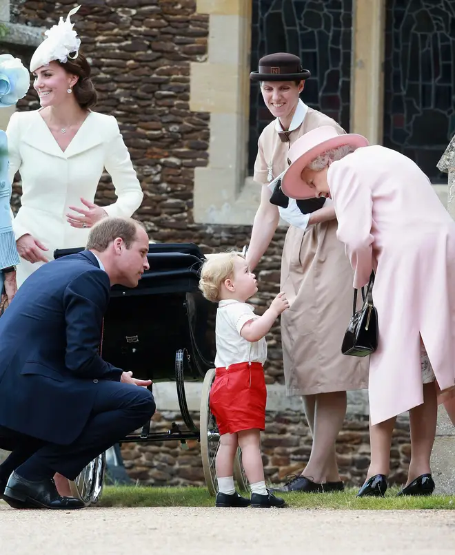 The Duke and Duchess of Cambridge with Prince George speaking with the Queen and their nanny Maria Teresa Turrion Borrallo - who will live elsewhere when the couple move to Windsor.