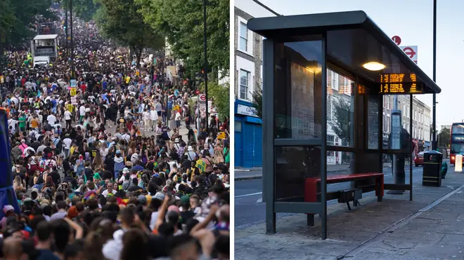 A bus shelter collapses with a group of Notting Hill Carnival partygoers on top