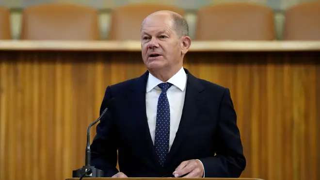 German Chancellor Olaf Scholz delivers a speech at the Charles University in Prague, Czech Republic