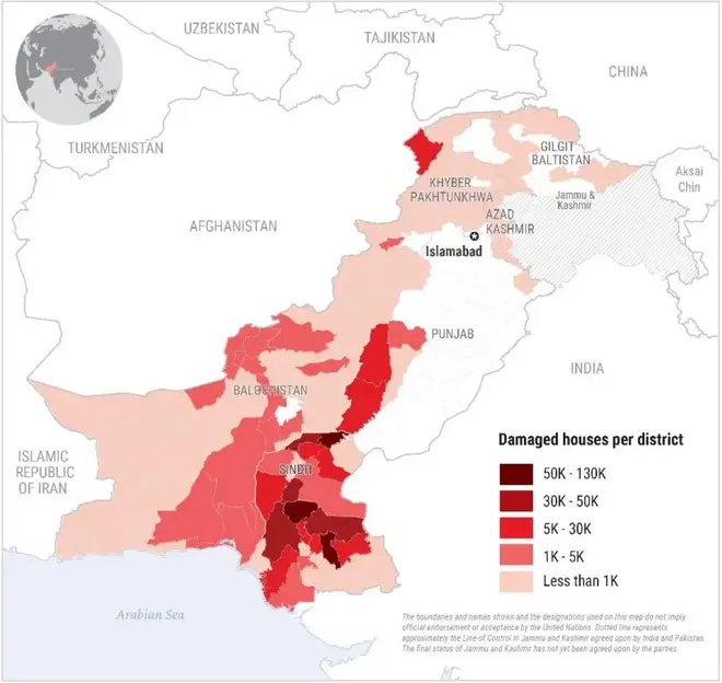 A map released by UN OCHA on Thursday, August 25, shows the flood damage across Pakistan (Photo: UNOCHA)