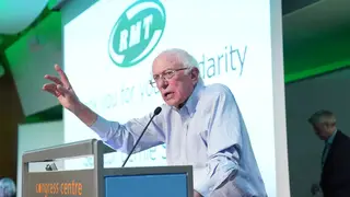 US senator Bernie Sanders speaking during a Save London Transport rally at TUC Congress House, London