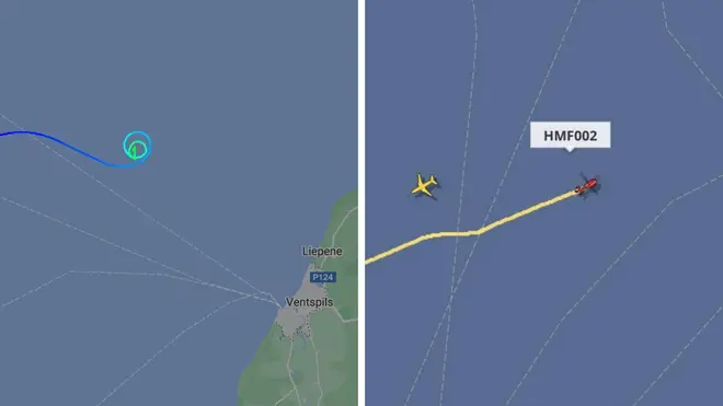 The Cessna 551 was flying from Jerez in southern Spain according to the FlightRadar24 website before it crashed into the Baltic Sea (left). Swedish authorities are currently en route to the are (right).