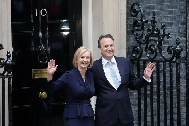 Liz Truss with husband Hugh O'Leary on the steps of Downing Street