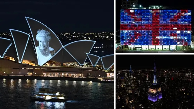 Landmarks around the world were lit up in the Union Jack colours to pay tribute to the monarch, with the Sydney Opera House projecting an image of the Queen on one of its sails.
