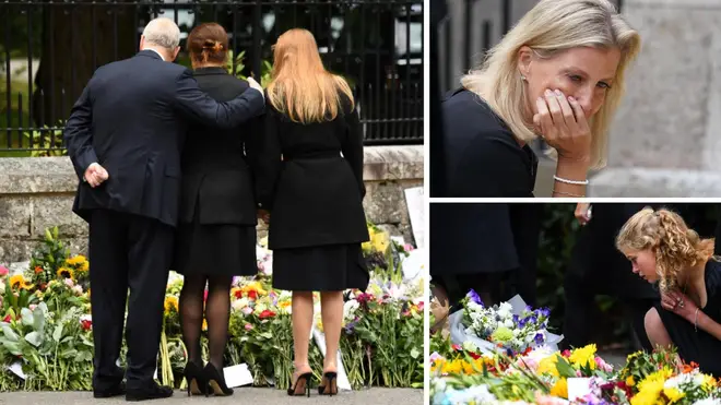 Prince Andrew consoled his weeping daughters Eugenie and Beatrice. Top right Sophie Wessex views floral tributes as well as (bottom right) Lady Louise Windsor